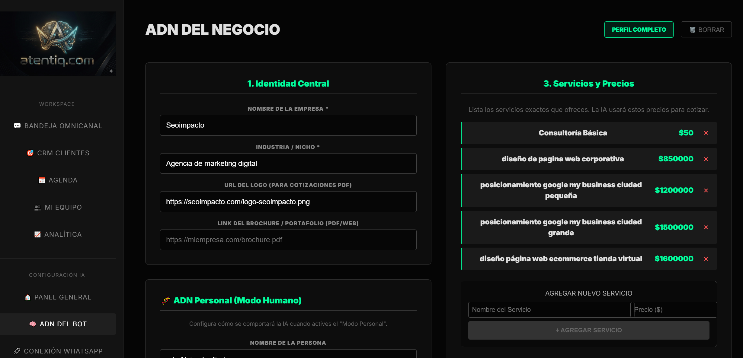 Pantalla de software ATENTIQ